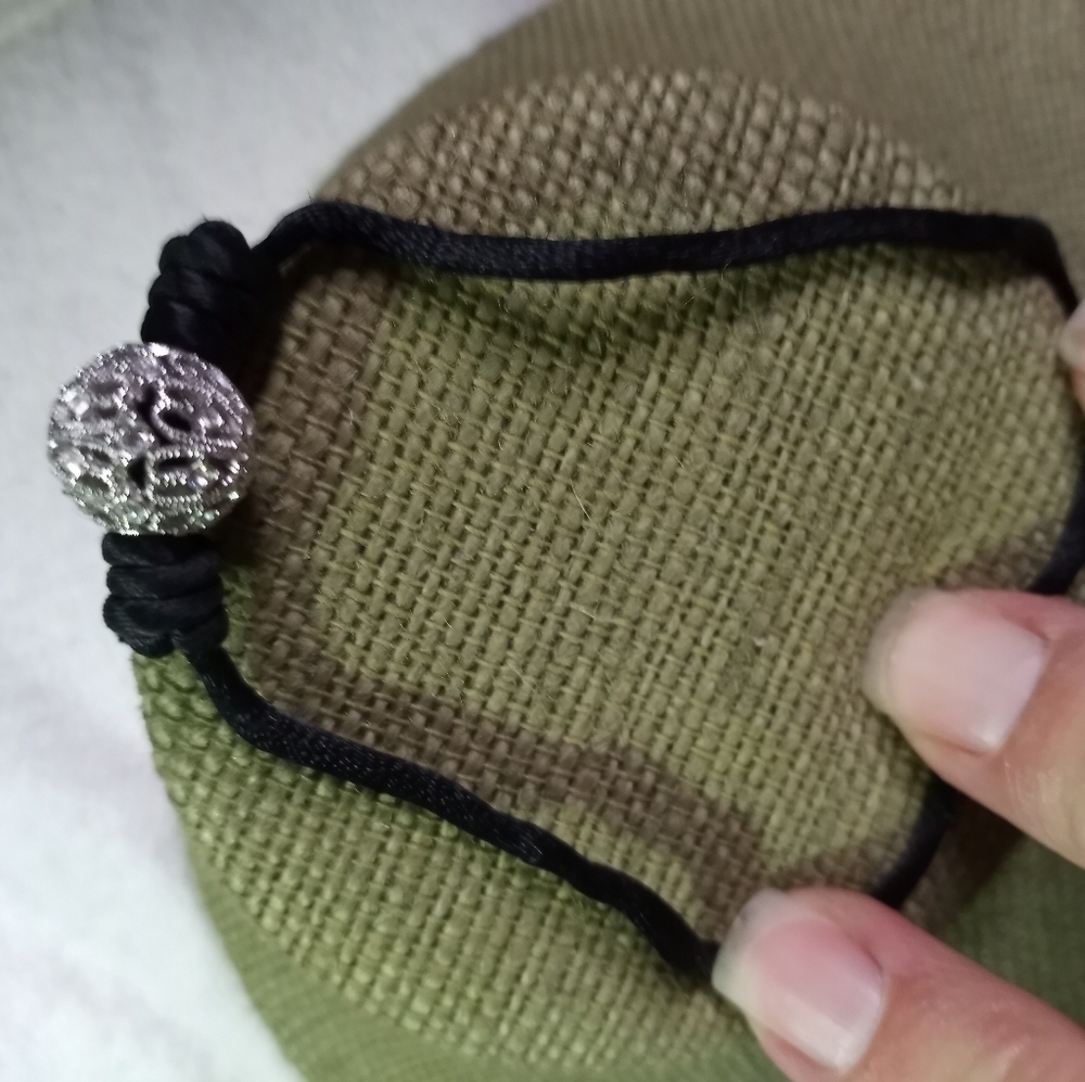Silvertone Crystal Ball on black silk cord bracelet - Picture 3 of 5